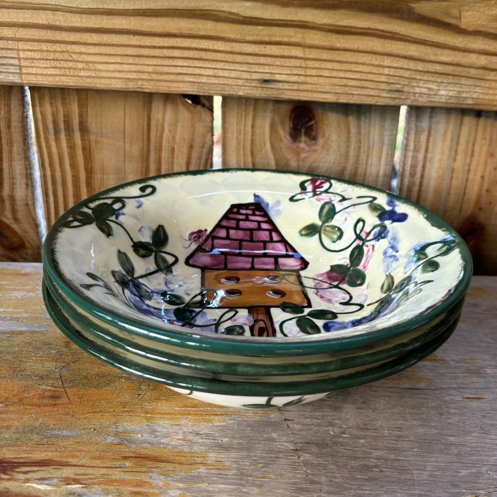 Vintage 99 Set of 3 Expressly Yours Hand Painted Birdhouse & Vines Bowls 8.75”
